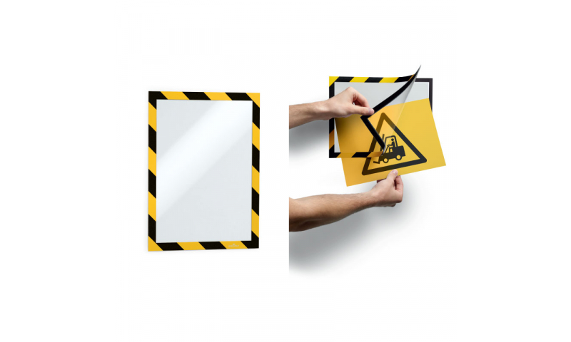 Durable DURAFRAME HAZARD Adhesive & Magnetic A4 Sign Holders, Black/Yellow, Pack of 2