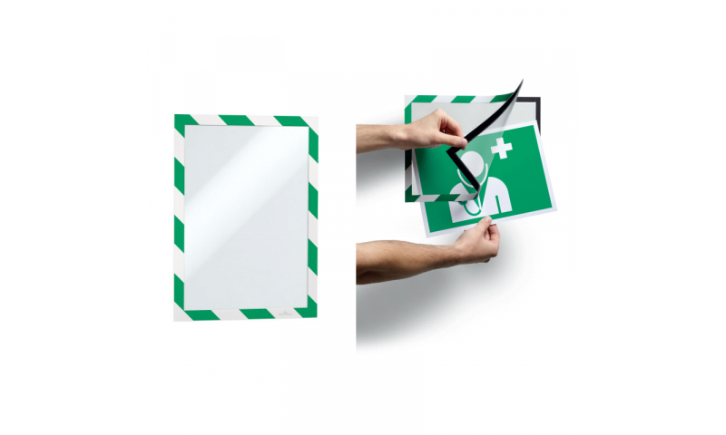 Durable DURAFRAME HAZARD Adhesive & Magnetic A4 Sign Holders, White/Green, Pack of 2