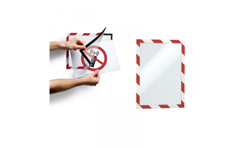 Durable DURAFRAME HAZARD Adhesive & Magnetic A4 Sign Holders, Red/White, Pack of 2