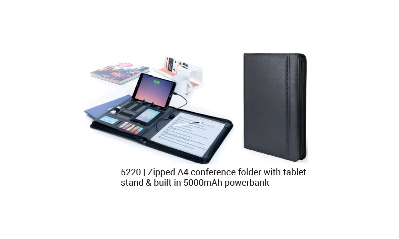 Ëynsteyn Zipped A4 Conference Folder with Tablet Stand & built in Wireless 5000mah Powerbank, Cable inc.