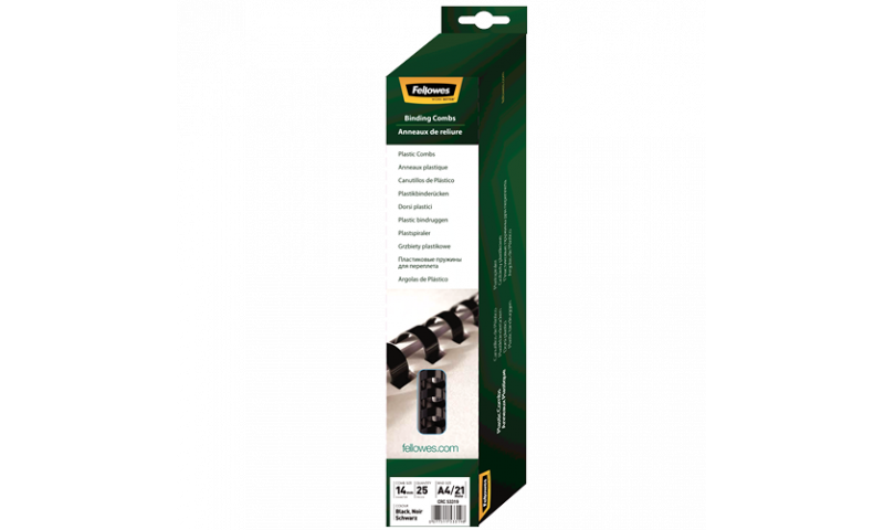 Fellowes Plastic Comb 14mm Black A4 Retail - Pack of 25. (New Lower Price for 2021)