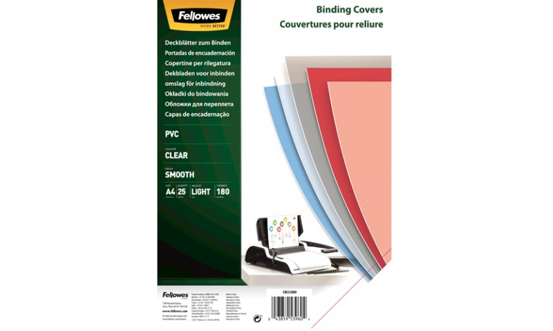 Fellowes A4 Clear PVC Binding Covers 180mic, Retail 25pk