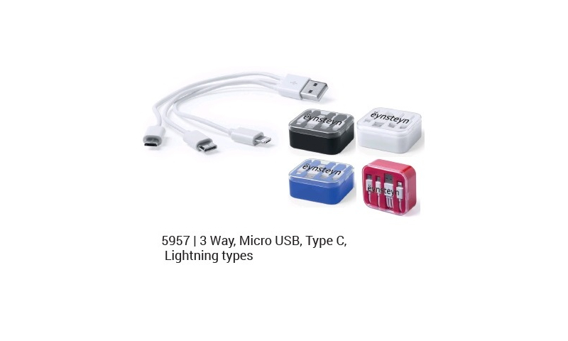 Ëynsteyn USB Powered Charging Cable, 3 Way, Micro USB, Type C & Lightning
