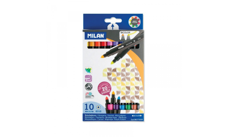 Milan Bicolour Fibre tip Pens, box of 10 = 20 Colours