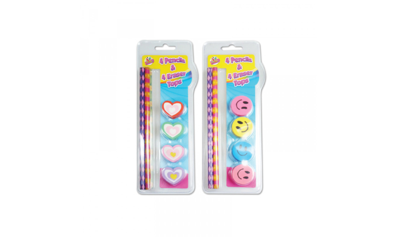 Novelty Smile & Hearts 4pk Pencils & Eraser Tops, 2 Asstd