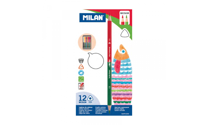 Milan Bi-Colour Colouring Pencils, 24 colours in 12 Ergonomic Triangular Pencils