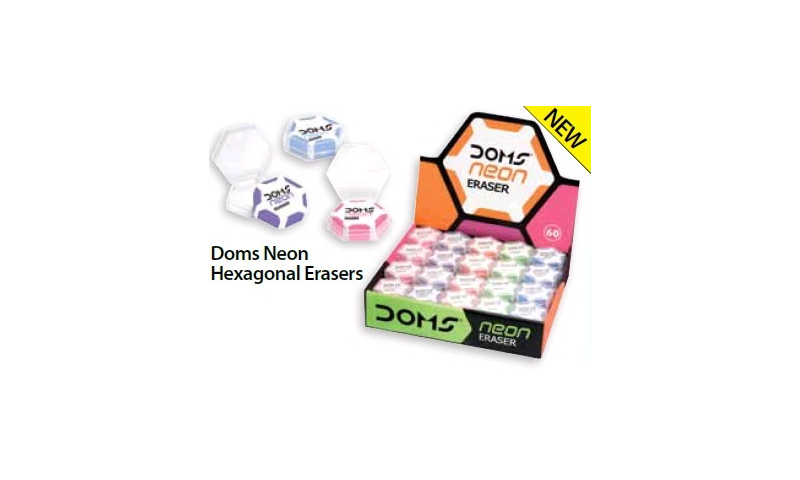 Tiger DOMS Neon Hexagonal Eraser in case, 5 Asstd