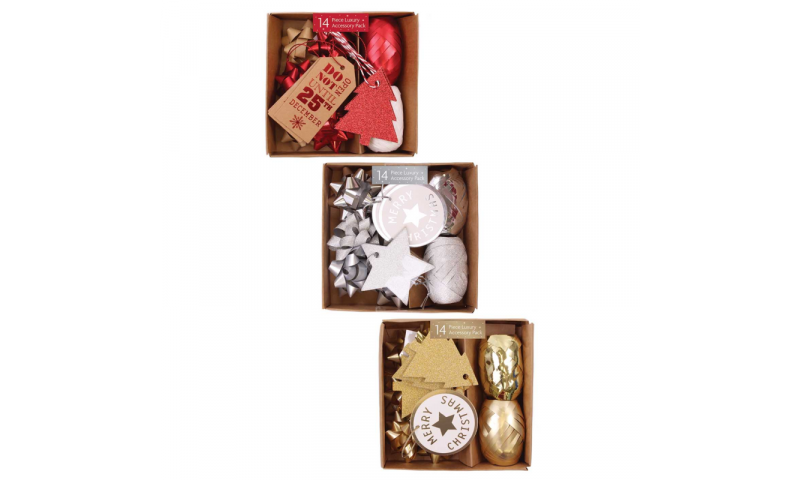 Xmas Wrapping Accessory Pack, 14pcs in Gift Box, 3 Asstd
