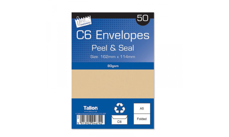 Just Stationery C6 Manilla Peel & Seal envelopes - pack of 50