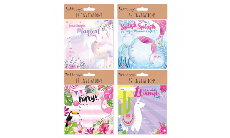 Party Invitations for Girls 138x138mm 12pk, 4 Asstd, Hangpack (New Lower Price for 2022)