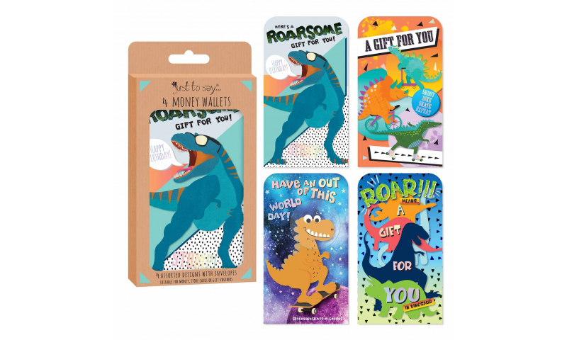 Just to Say Money Wallets, pack of 4 assorted Kids designs, Dinos / Unicorns.