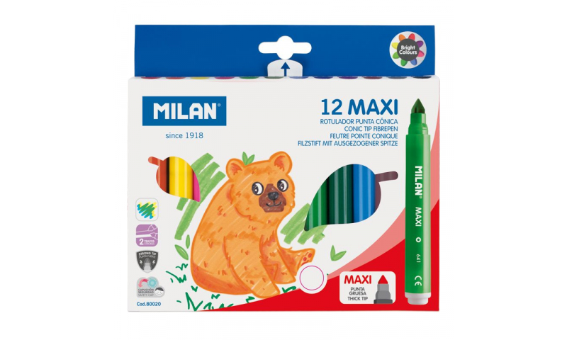 Milan Maxi Waterbased Jumbo Fibre Tips, box of 12 colours