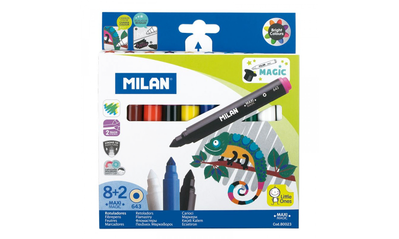 Milan Maxi Magic Colour Changing Washable Jumbo tip Fibre Tips, box of 8+2 Changers