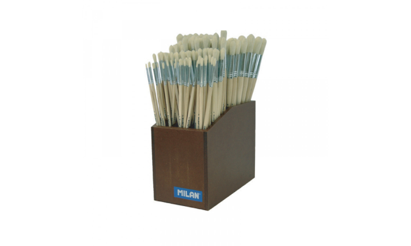 Milan 144 Piece Wooden Display of 522 Style Flat Brushes, All Sizes from 1 - 12:  (New Lower Price for 2022)