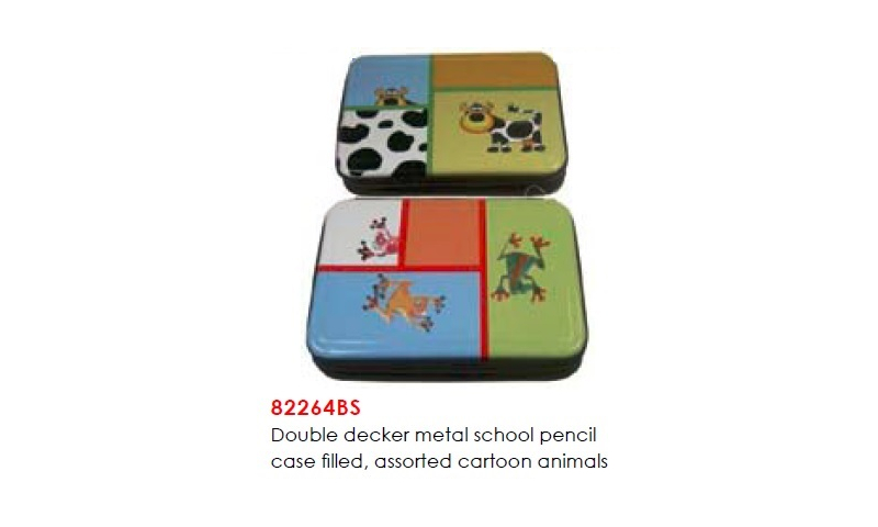 Milan Double Decker Metal School pencil case filled, assorted cartoon animals