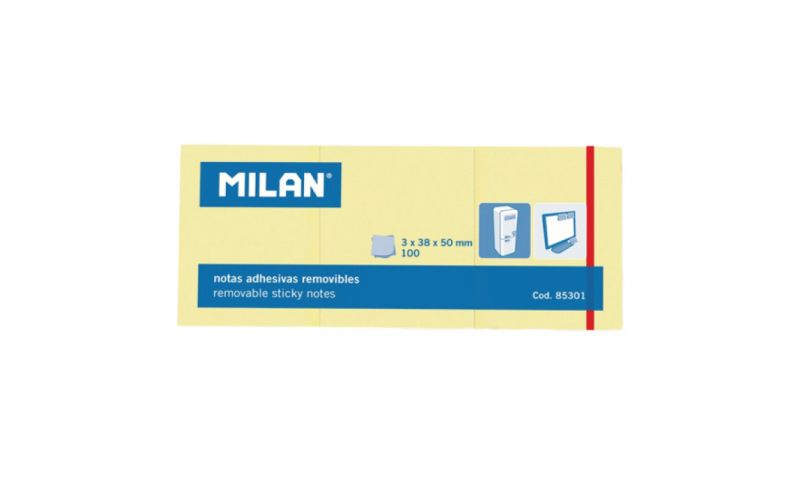 Milan Removable adhesive notes. 100 Sheets 38x50mm, 3 Pack, Yellow