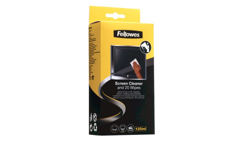 Fellowes 125ml Screen Cleaning Spray with 20 Absorbent Wipes