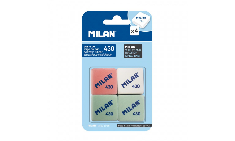 Milan 430 Pencil Eraser for Compact Sharpeneraser, 4pk Asstd Hangcarded (New Lower Price for 2022)