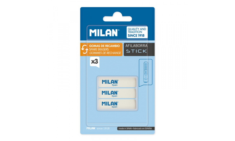 Milan Stick Spare Eraser, 3 Pack  (New Lower Price for 2022)