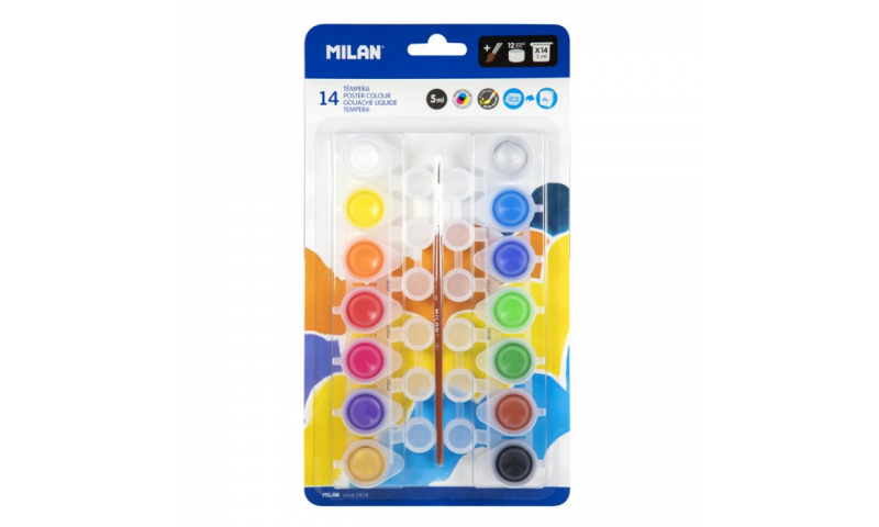 Milan Tempera paints, card of 14 x 5ml pots with brush.