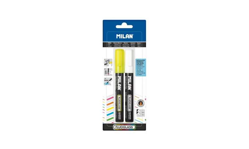 Milan Flouglass Markers, 2pk Carded, White & Yellow 2-4mm Chisel Tip (New Lower Price for 2022)