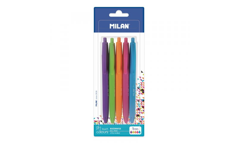 Milan P1 Soft Touch Retractable Ballpen, Pastel Inks, 5 Pack, Asstd