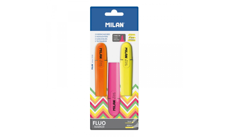 Milan Flat Highlighter 3pk Yellow, Pink & Orange, Hangcarded