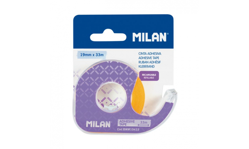 Milan 19 x 33M Clear Adhesive Tape on Dispenser, carded.