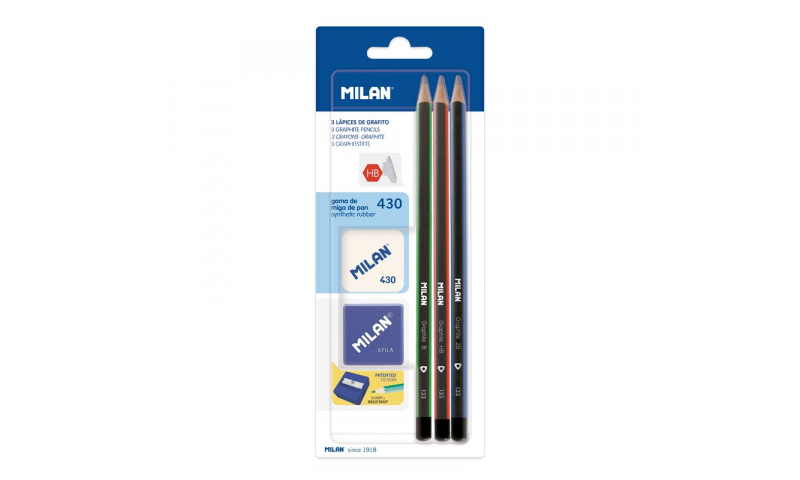 Milan School Set, 3 Asstd Grade Pencils, Sharpener & Eraser