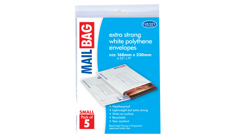 County Stationery Polythene Mail Bags Small Pack 5, 160 x 230mm (New Lower Price for 2022)