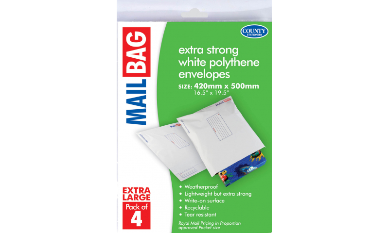 County Stationery Polythene Mail Bags X-Large Pack 4, 420 x 500mm