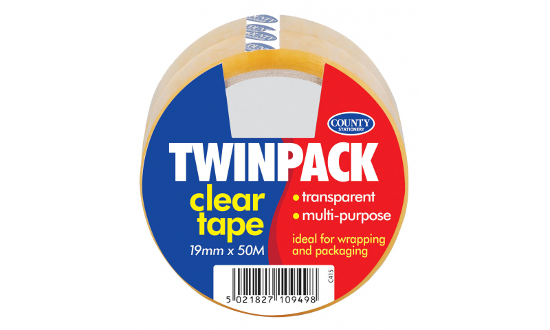 County Clear Adhesive Tape 19mm x 50m, Hangpack of 2 Rolls