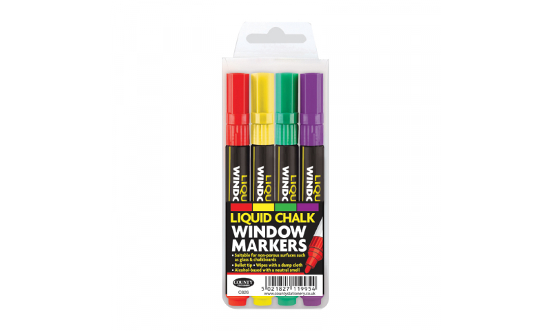 County Liquid Chalk Markers 4pk Assorted Primary Colours. Super for Xmas Windows