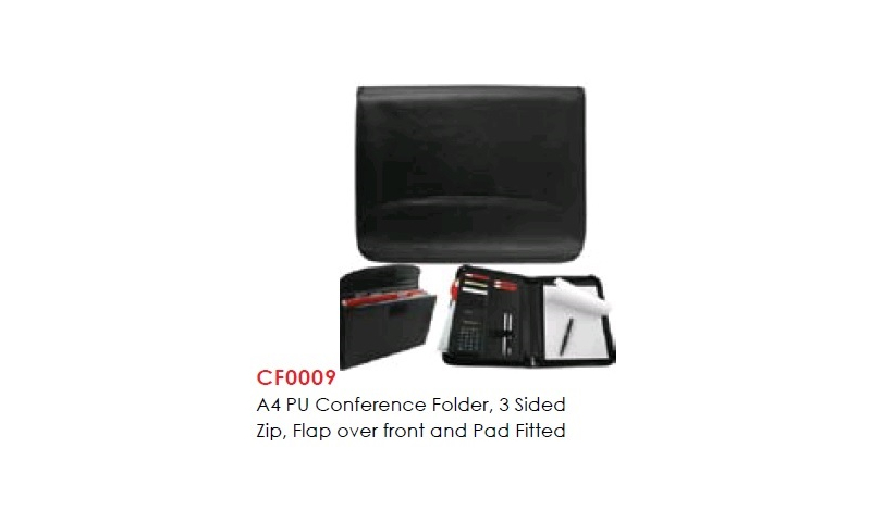 Santini  A4 PU Conference Folder 3 Sided Zip, Flap Over Front, Inside Compartments & Pad