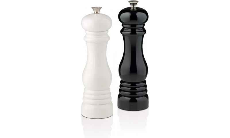 Le Creuset Classic Adjustable Salt & Pepper Mill Set, Chip-resistant ABS Plastic, Anti-Corrosion, 40g, Black and White