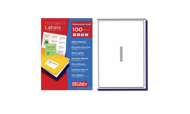 DecAdry White Multipurpose Printer Labels 100 sheet pk 199.6 x 289.1mm 1 per Sheet
