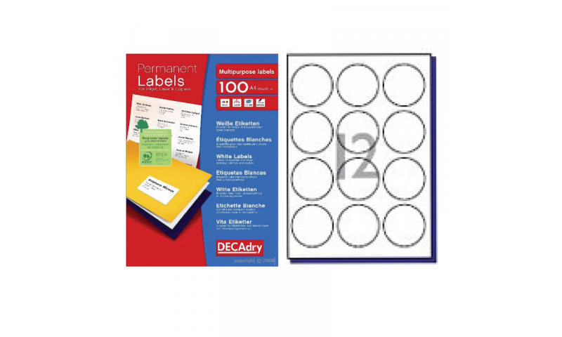 DecAdry White Multipurpose Printer Labels 100 sheet pk  60mm dia Circle 12 per Sheet