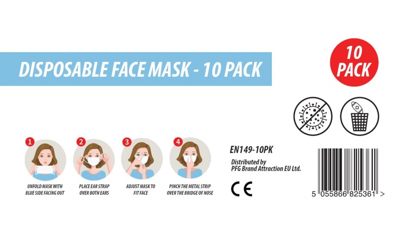 High Spec Disposable Face Masks, Blue 3 Ply, CE Certified - Retail 10 Pack