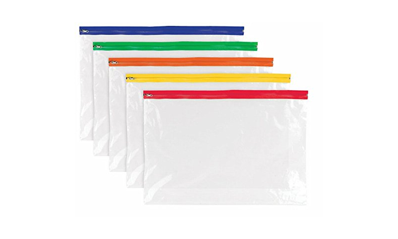 A4+ Clear Zipper Wallet with Asstd Colour Tops, - 368 x 270mm