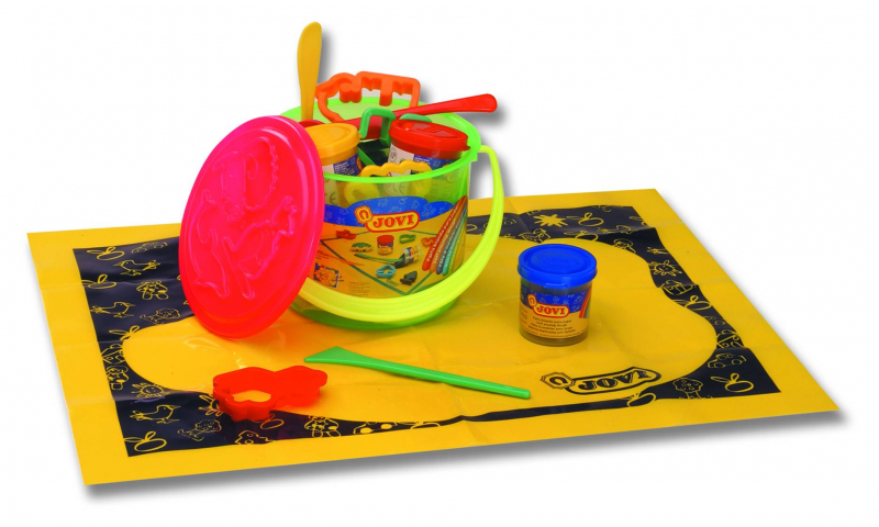 JOVI Soft Play Dough - bucket containing 4 x 50gram, Playmat + 6 shapes + tools