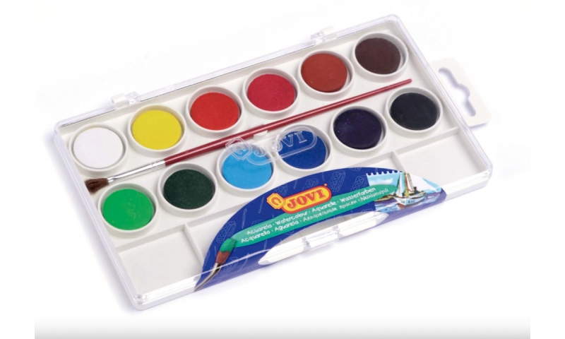JOVI Watercolours, Box of 12 tablets 22 mm assorted colours + brush
