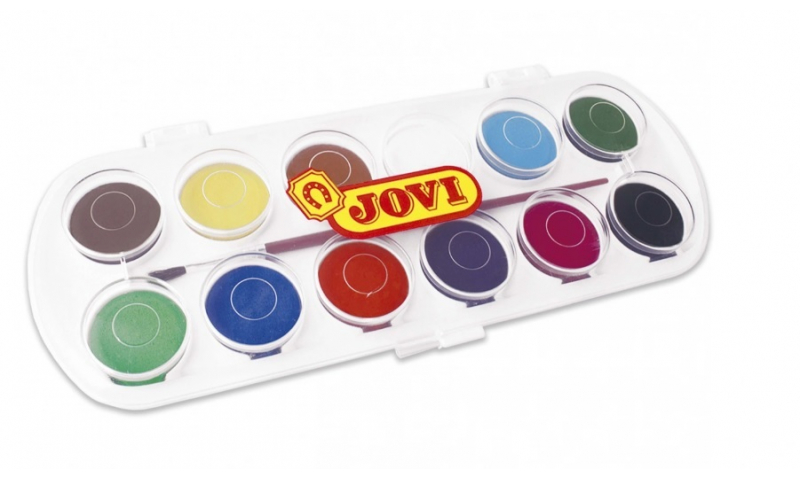 JOVI Watercolours, Box of 12 tablets, Large 30 mm assorted colours + brush