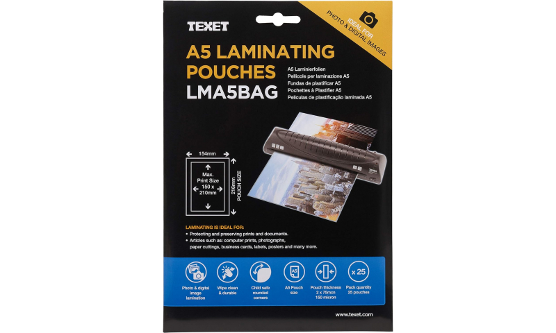 Texet Lamination Pouches A5 250mic, Pk 25 Buy 1 Get 1 Free
