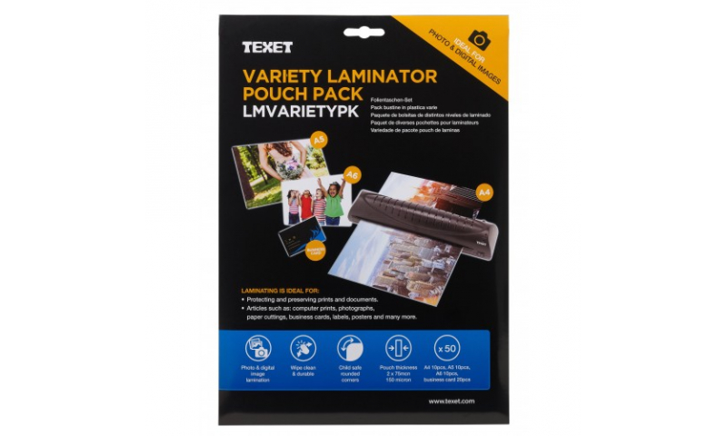 Texet Variety Pack of Lamination Pouches. From Bus. Card to A4 Size, Pack of 50 (New Lower Price for 2021)