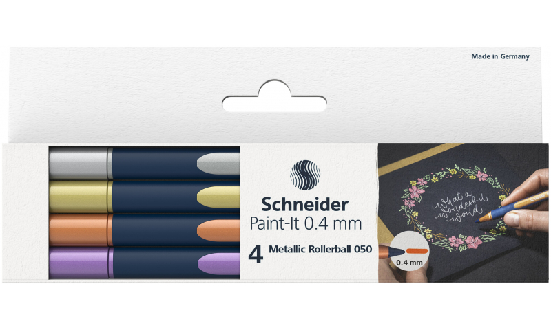 Schneider Paint-It 050 Metallic Rollerball, Pack of 4 assorted, Silver, Gold, Copper, Violet.