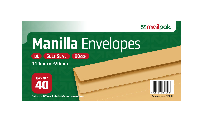 Mailpak DL Manilla Self Seal Envelopes, Pack of 40.