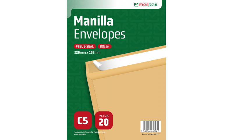 Mailpak C5 Manilla Peal & Seal Envelopes, Pack of 20