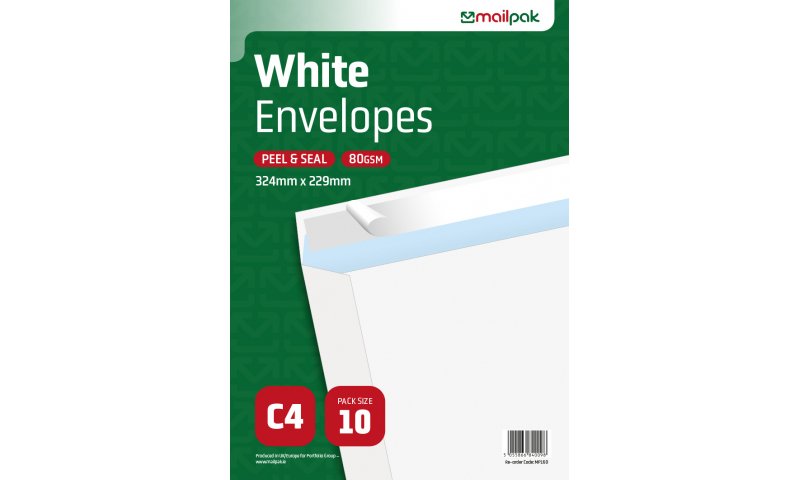 Mailpak C4 White Peel & Seal Envelopes, Pack of 10.