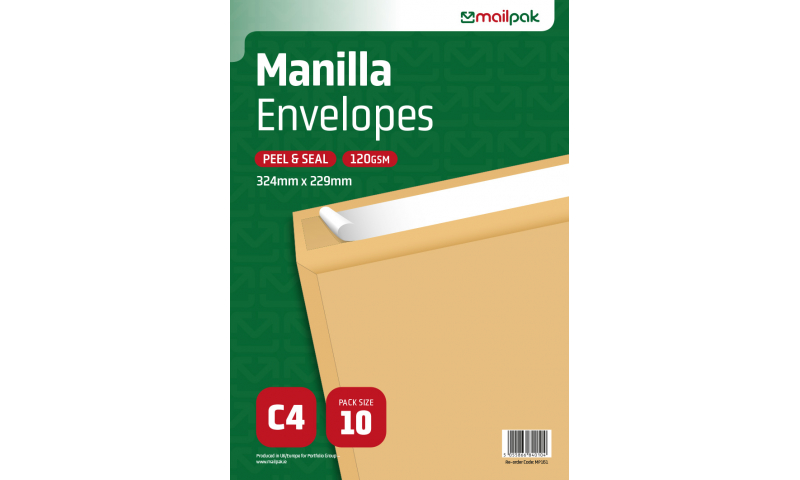 Mailpak C4 Manilla Peel & Seal Envelopes, Pack of 10