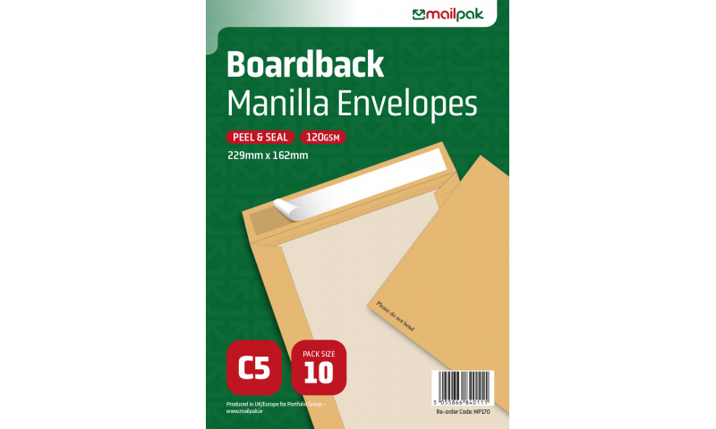 Mailpak C5 Boardback Manilla Peel & Seal Envelopes, Pack of 10.